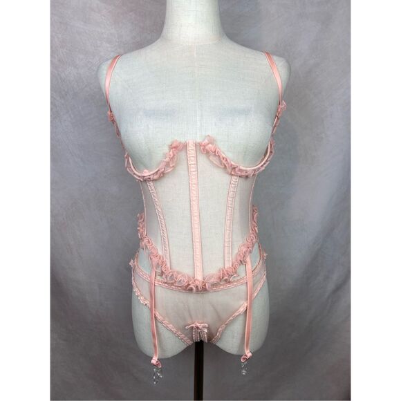 Vintage Under Bust Corset Lingerie Set 4pc Sheer Pink Ruffle Robe 90s RARE XS S - Picture 2 of 10